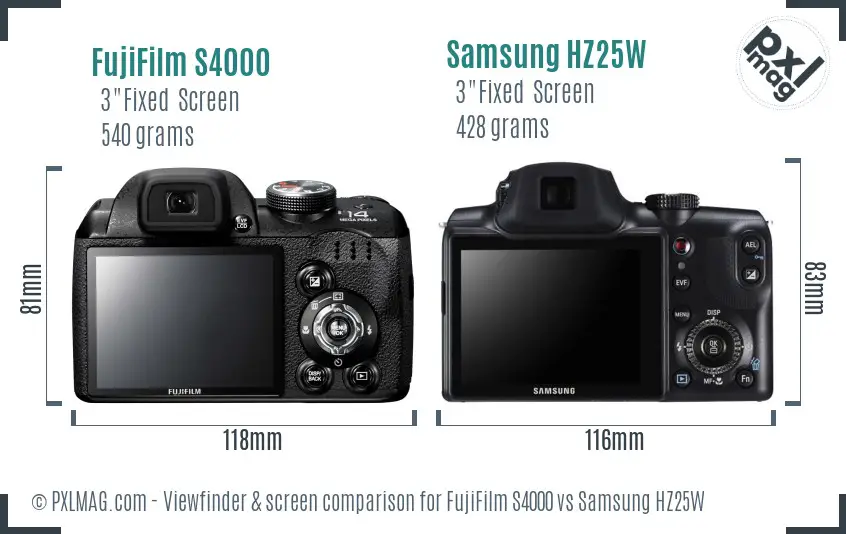 FujiFilm S4000 vs Samsung HZ25W Screen and Viewfinder comparison FujiFilm S4000 vs Samsung HZ25W Screen and Viewfinder comparison