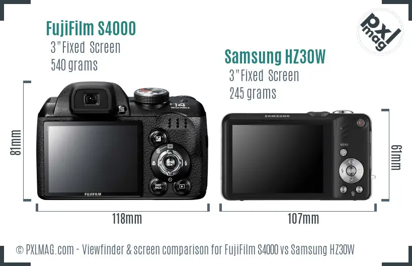 FujiFilm S4000 vs Samsung HZ30W Screen and Viewfinder comparison