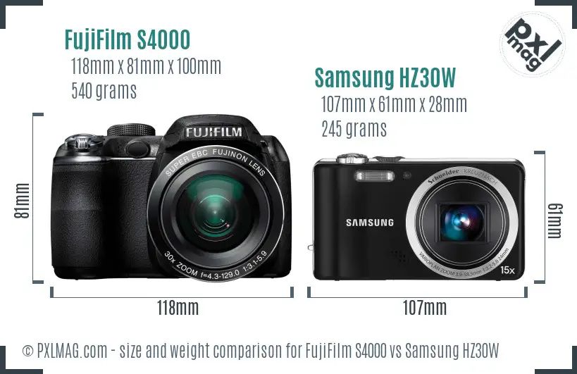 FujiFilm S4000 vs Samsung HZ30W size comparison