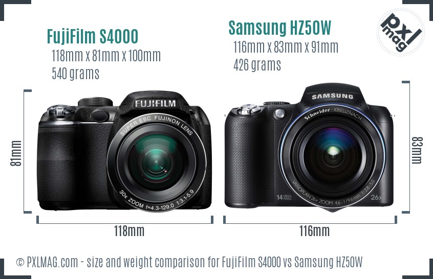 FujiFilm S4000 vs Samsung HZ50W size comparison