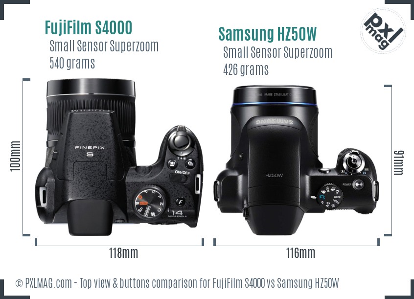 FujiFilm S4000 vs Samsung HZ50W top view buttons comparison