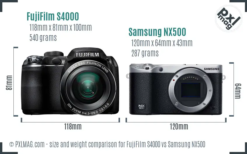 FujiFilm S4000 vs Samsung NX500 size comparison