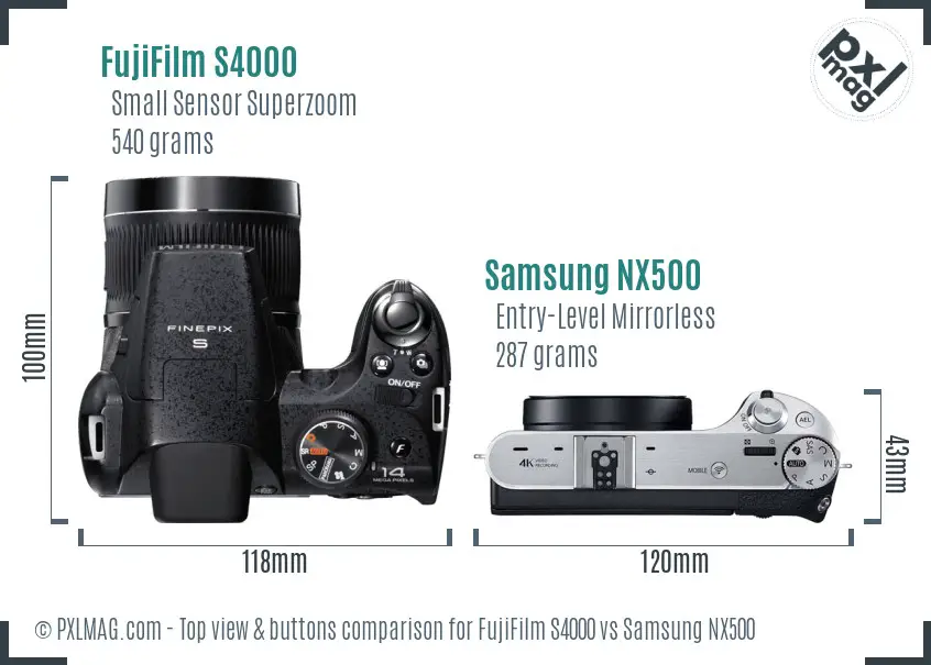 FujiFilm S4000 vs Samsung NX500 top view buttons comparison