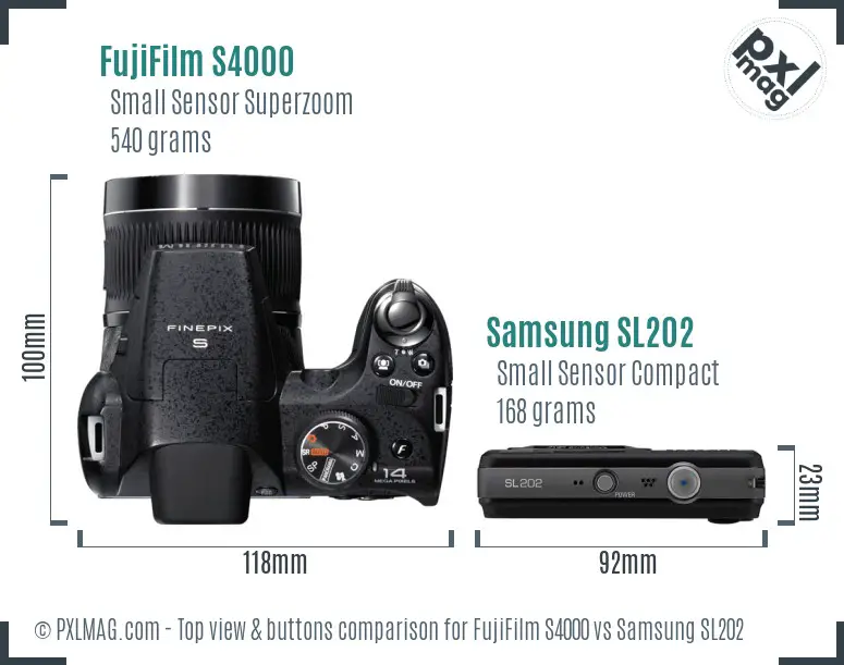 FujiFilm S4000 vs Samsung SL202 top view buttons comparison