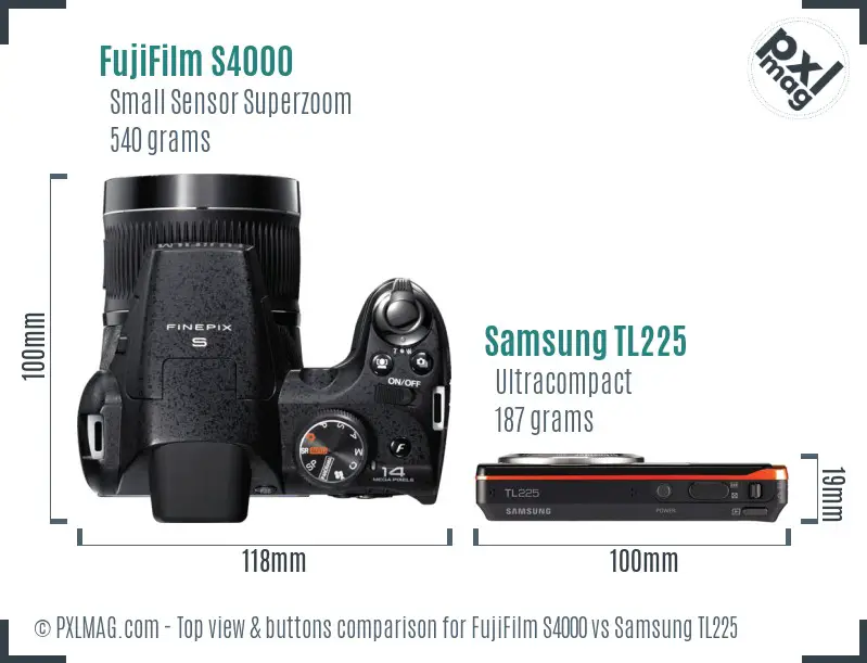 FujiFilm S4000 vs Samsung TL225 top view buttons comparison FujiFilm S4000 vs Samsung TL225 top view buttons comparison