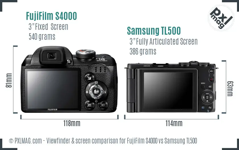 FujiFilm S4000 vs Samsung TL500 Screen and Viewfinder comparison