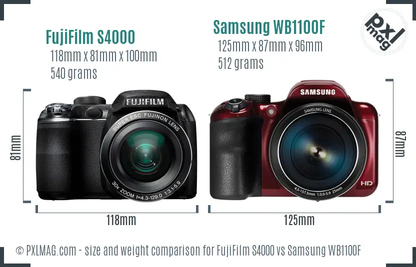 FujiFilm S4000 vs Samsung WB1100F size comparison