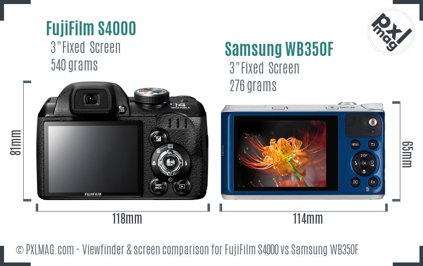 FujiFilm S4000 vs Samsung WB350F Screen and Viewfinder comparison
