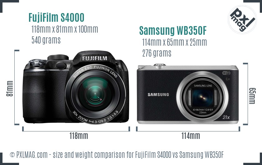 FujiFilm S4000 vs Samsung WB350F size comparison