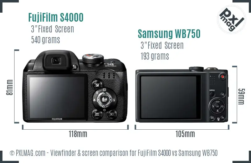 FujiFilm S4000 vs Samsung WB750 Screen and Viewfinder comparison