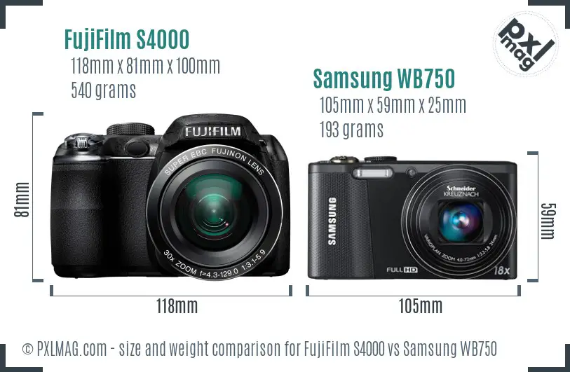 FujiFilm S4000 vs Samsung WB750 size comparison