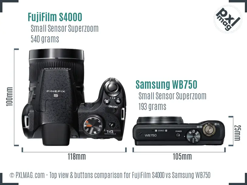 FujiFilm S4000 vs Samsung WB750 top view buttons comparison