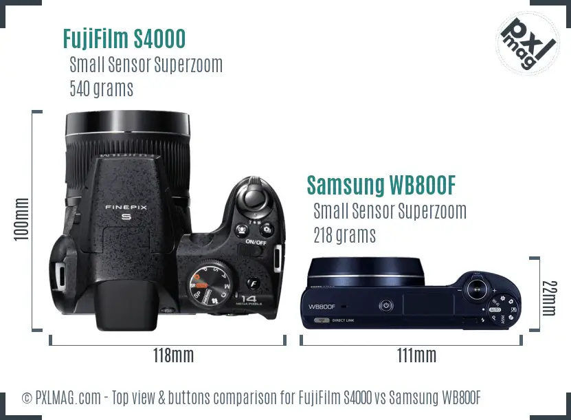 FujiFilm S4000 vs Samsung WB800F top view buttons comparison FujiFilm S4000 vs Samsung WB800F top view buttons comparison