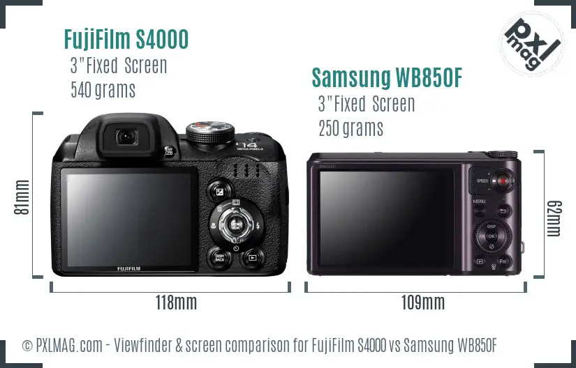 FujiFilm S4000 vs Samsung WB850F Screen and Viewfinder comparison