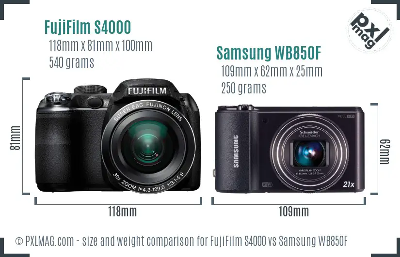 FujiFilm S4000 vs Samsung WB850F size comparison