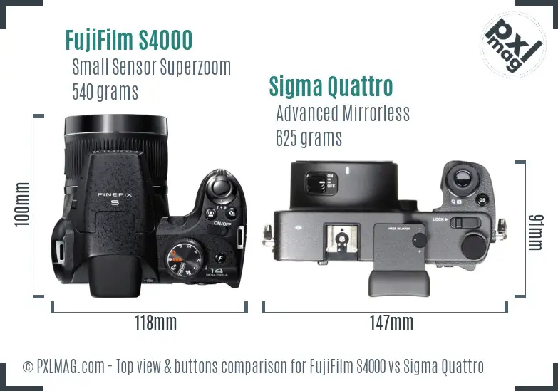 FujiFilm S4000 vs Sigma Quattro top view buttons comparison FujiFilm S4000 vs Sigma Quattro top view buttons comparison