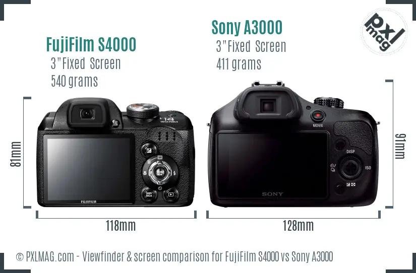 FujiFilm S4000 vs Sony A3000 Screen and Viewfinder comparison