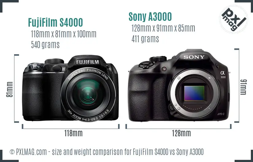 FujiFilm S4000 vs Sony A3000 size comparison
