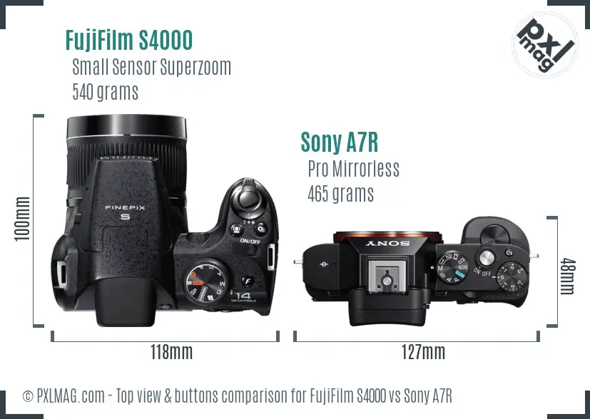 FujiFilm S4000 vs Sony A7R top view buttons comparison