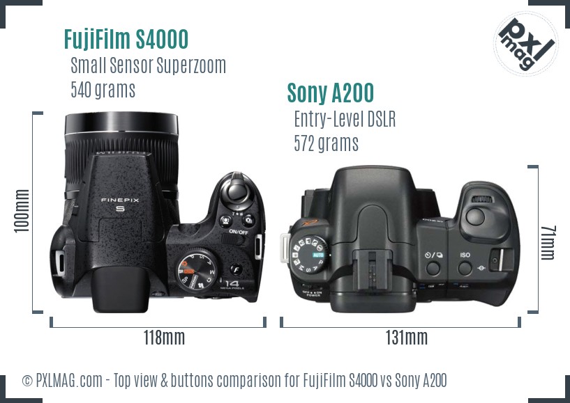 FujiFilm S4000 vs Sony A200 top view buttons comparison