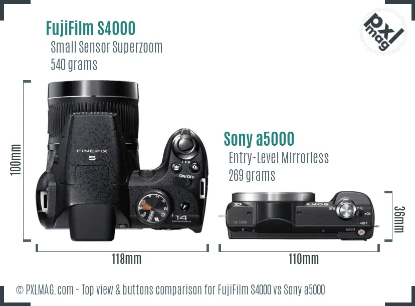 FujiFilm S4000 vs Sony a5000 top view buttons comparison