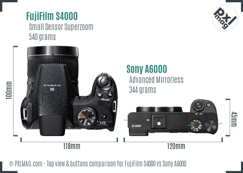 FujiFilm S4000 vs Sony A6000 top view buttons comparison