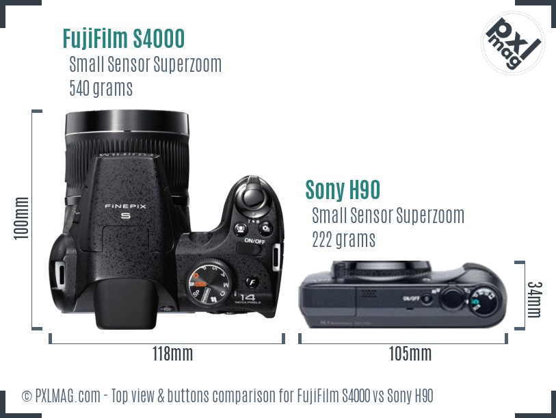 FujiFilm S4000 vs Sony H90 top view buttons comparison
