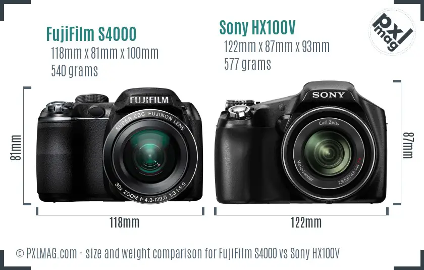 FujiFilm S4000 vs Sony HX100V size comparison FujiFilm S4000 vs Sony HX100V size comparison