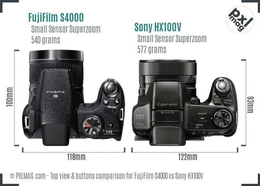 FujiFilm S4000 vs Sony HX100V top view buttons comparison FujiFilm S4000 vs Sony HX100V top view buttons comparison