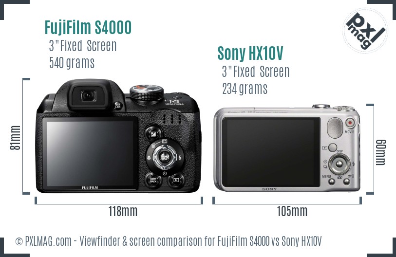 FujiFilm S4000 vs Sony HX10V Screen and Viewfinder comparison