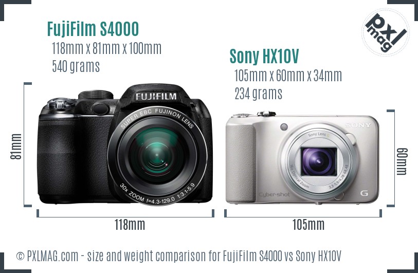 FujiFilm S4000 vs Sony HX10V size comparison