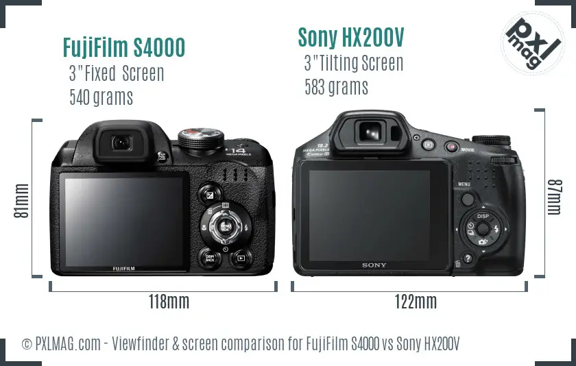 FujiFilm S4000 vs Sony HX200V Screen and Viewfinder comparison