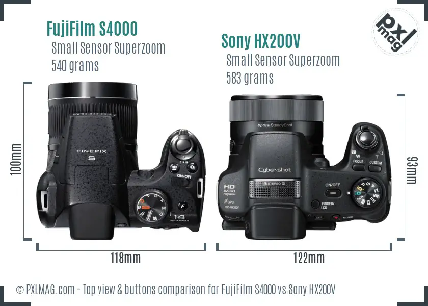 FujiFilm S4000 vs Sony HX200V top view buttons comparison