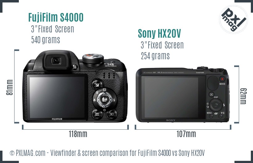 FujiFilm S4000 vs Sony HX20V Screen and Viewfinder comparison
