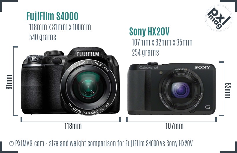 FujiFilm S4000 vs Sony HX20V size comparison