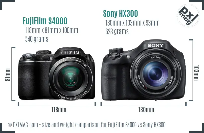 FujiFilm S4000 vs Sony HX300 size comparison