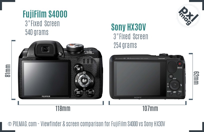 FujiFilm S4000 vs Sony HX30V Screen and Viewfinder comparison