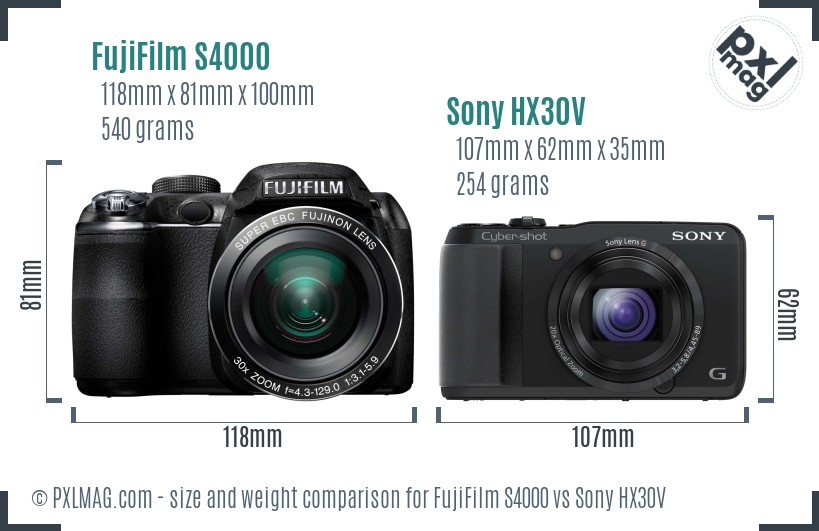 FujiFilm S4000 vs Sony HX30V size comparison