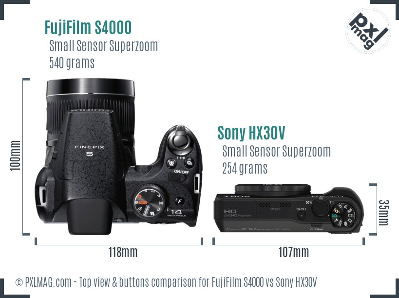 FujiFilm S4000 vs Sony HX30V top view buttons comparison