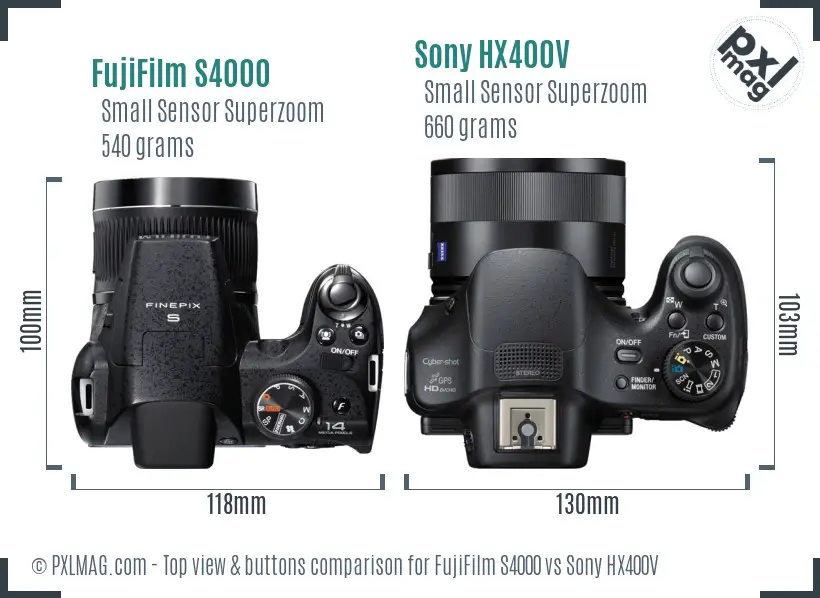 FujiFilm S4000 vs Sony HX400V top view buttons comparison