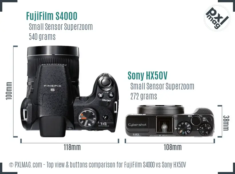 FujiFilm S4000 vs Sony HX50V top view buttons comparison