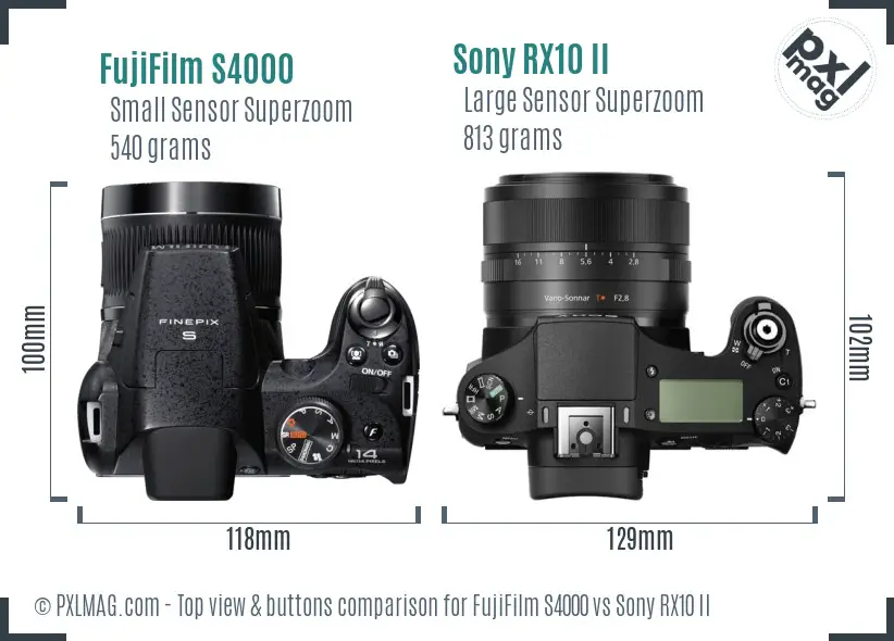 FujiFilm S4000 vs Sony RX10 II top view buttons comparison FujiFilm S4000 vs Sony RX10 II top view buttons comparison
