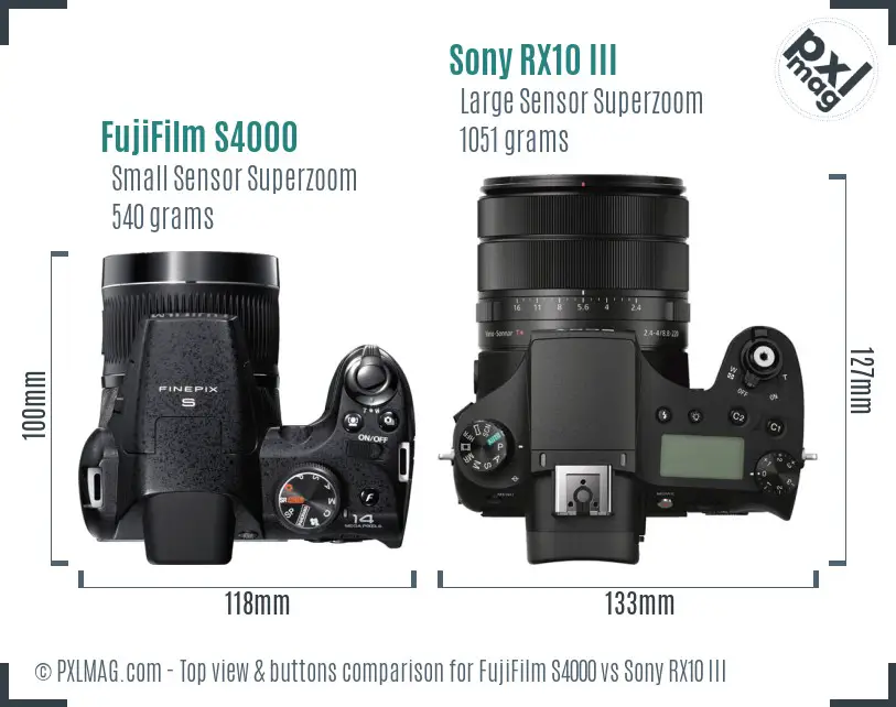 FujiFilm S4000 vs Sony RX10 III top view buttons comparison