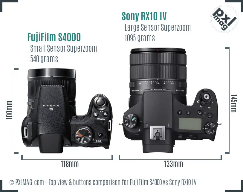 FujiFilm S4000 vs Sony RX10 IV top view buttons comparison