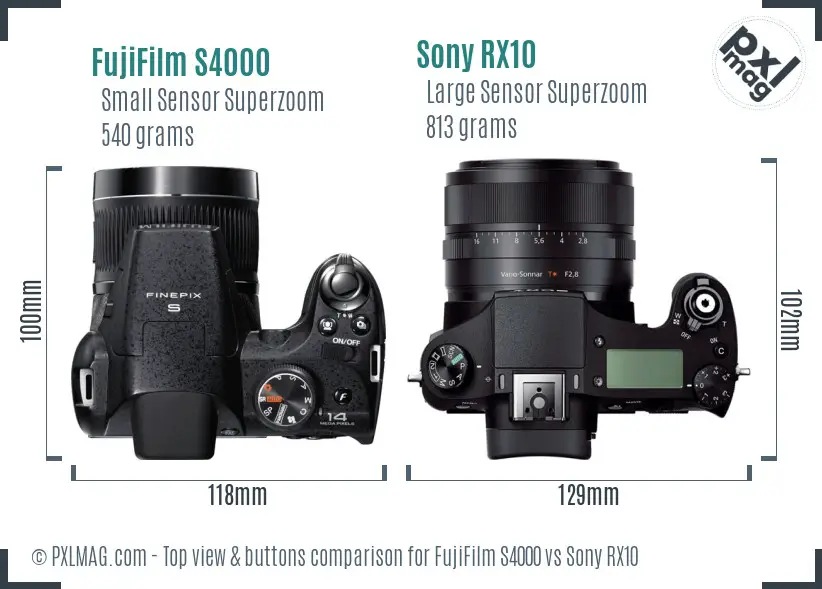 FujiFilm S4000 vs Sony RX10 top view buttons comparison