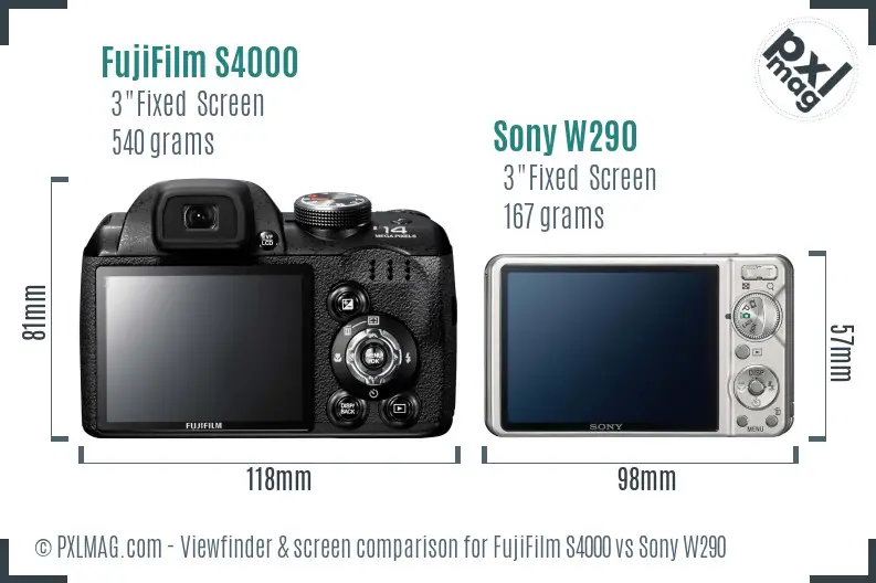 FujiFilm S4000 vs Sony W290 Screen and Viewfinder comparison