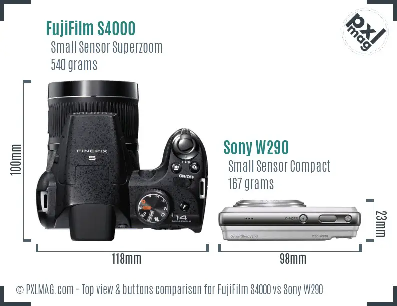 FujiFilm S4000 vs Sony W290 top view buttons comparison