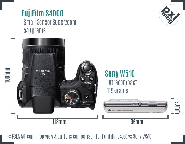 FujiFilm S4000 vs Sony W510 top view buttons comparison