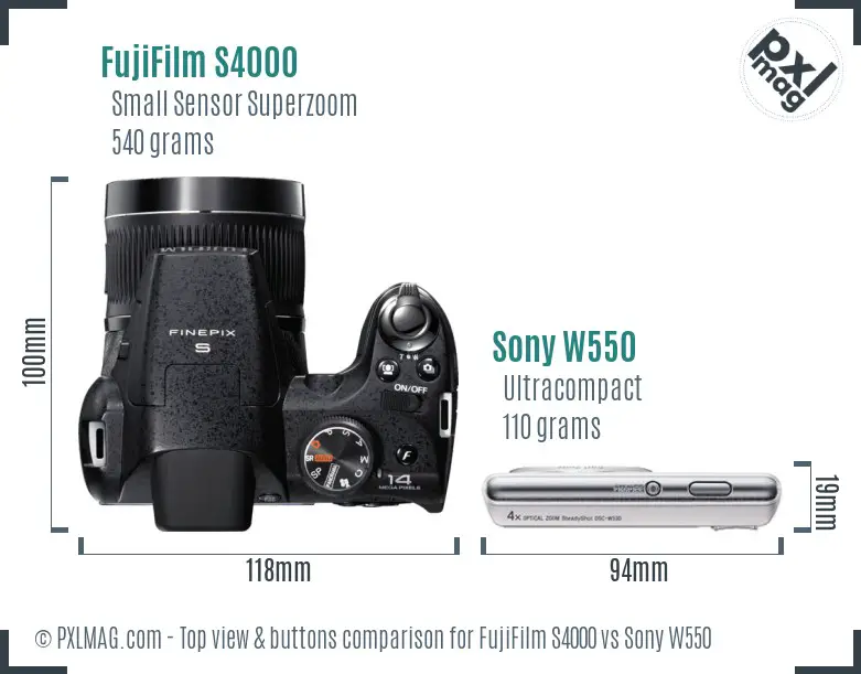 FujiFilm S4000 vs Sony W550 top view buttons comparison