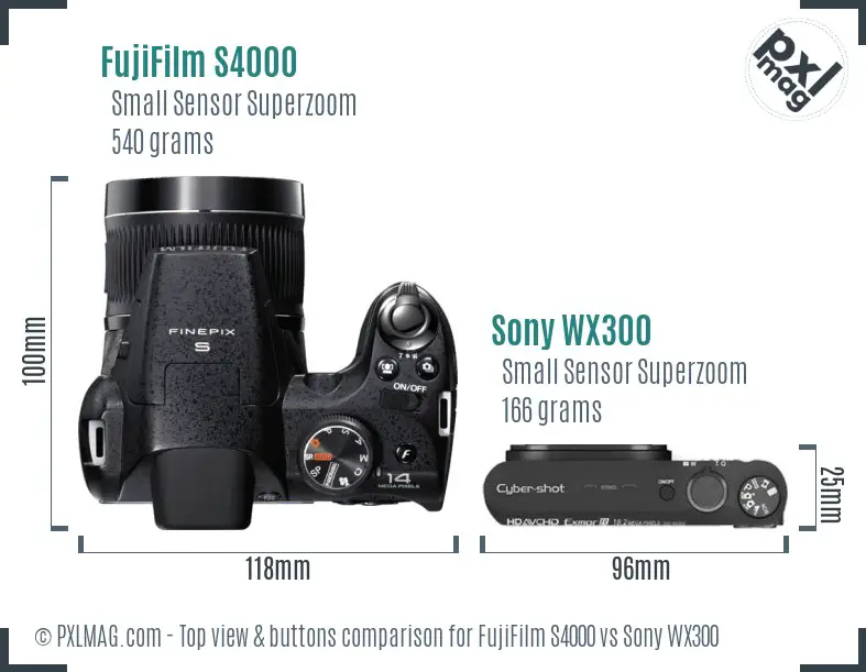 FujiFilm S4000 vs Sony WX300 top view buttons comparison